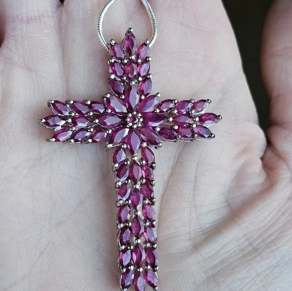 Genuine Rhodolite Garnet Cross in Platinum over Sterling Silver! ✨️🎀 - Picture 4 of 7